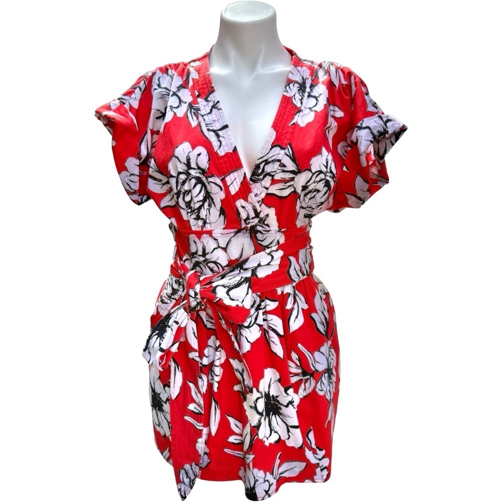 Marissa Webb Luciano Print Mini Dress Red Floral Belted Kimono Sleeve S